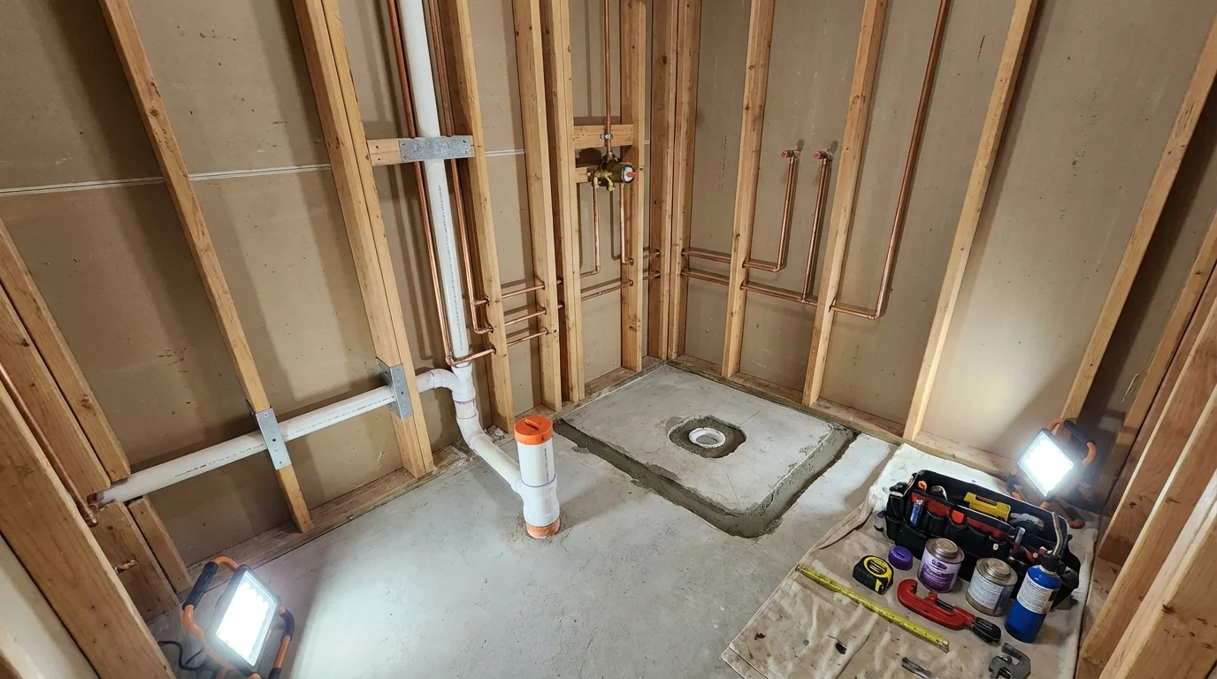 Bathroom rough-in plumbing during remodel by Johns Plumbing LLC in Turtle Lake