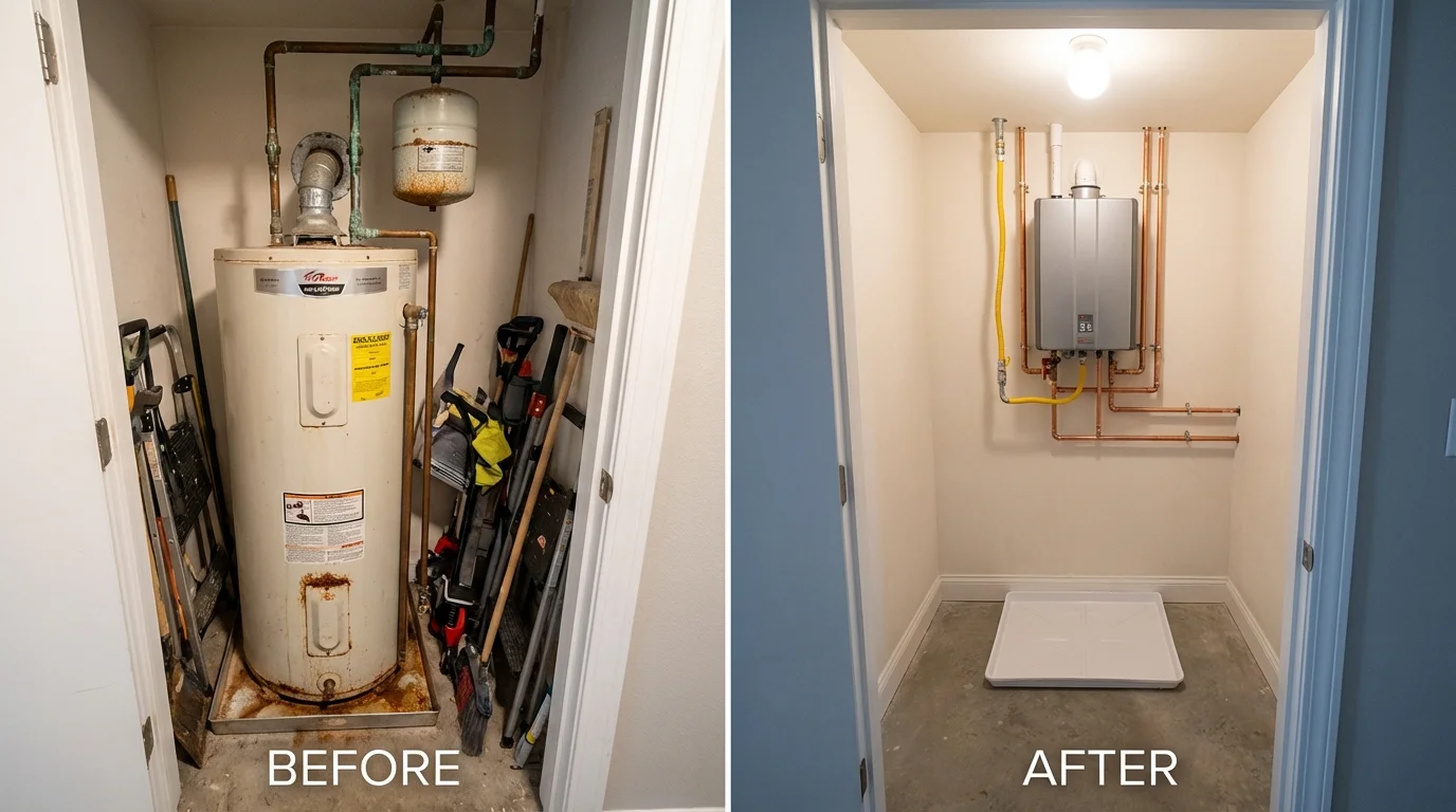 Tank water heater versus wall-mounted tankless unit comparison for Turtle Lake, WI homeowners