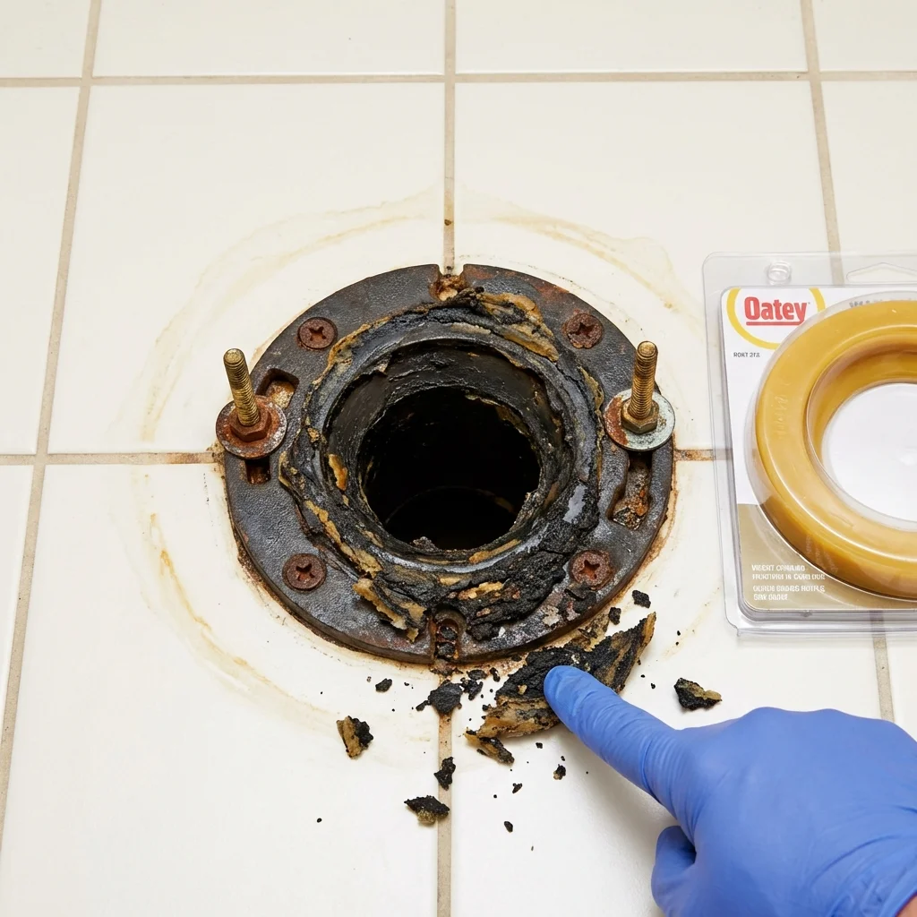 Failed wax ring showing water seepage at the base of a toilet in a Turtle Lake, WI home